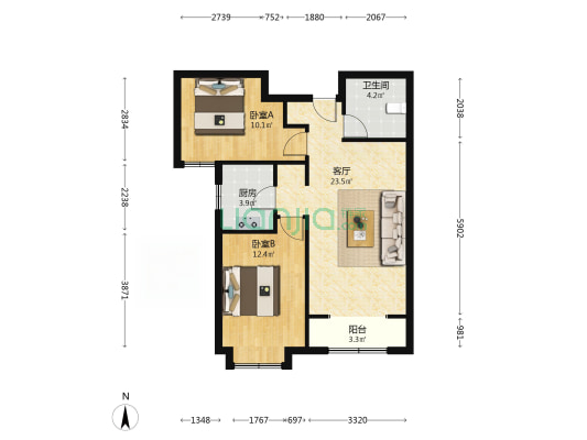 鹏渤·印象城 2室2厅 南-户型图