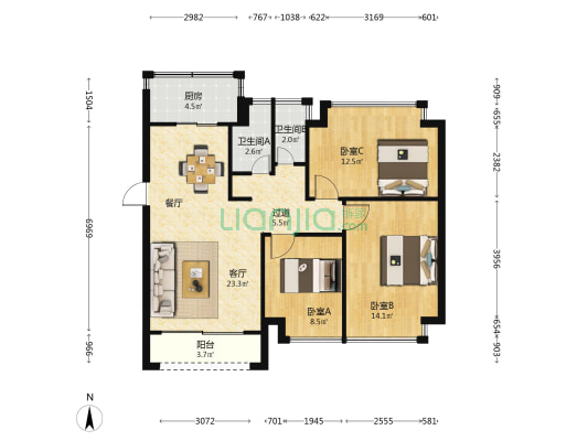 学思雅筑苑 3室1厅2卫 88平方