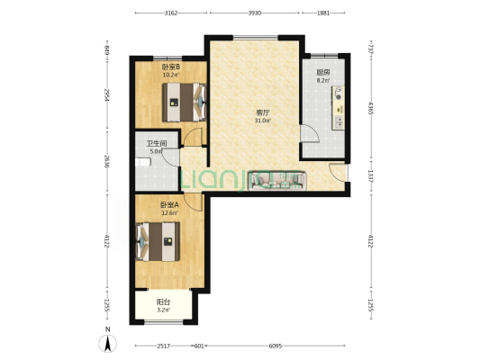 房子属于南北通透两居室中间好楼层-户型图