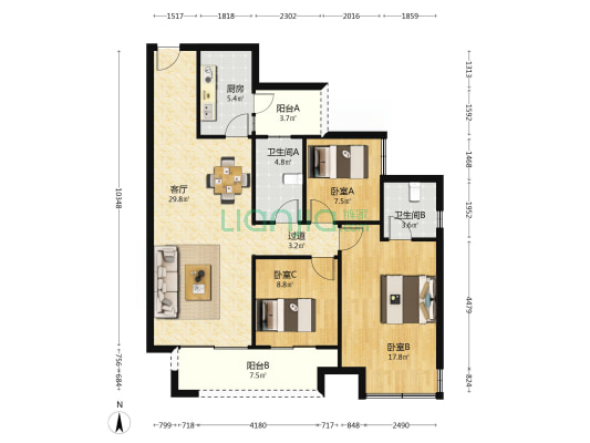 大发熙悦書山境 3室1厅2卫 116平方