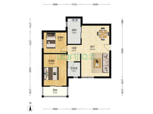东湖景园C区 2室1厅1卫 80平方
