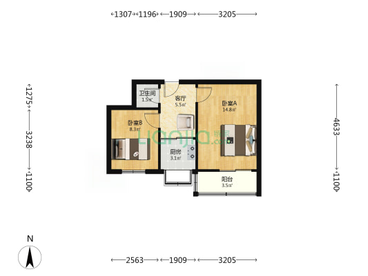 青年路186号-188号院 2室1厅1卫 44平方