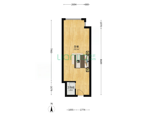 万科城际之光 1室1厅 北-户型图