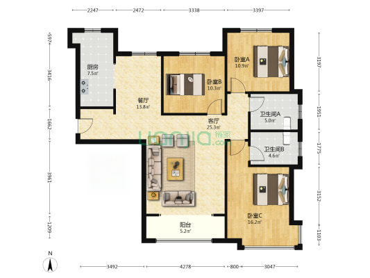 高铁新干线 3室2厅 南 北-户型图