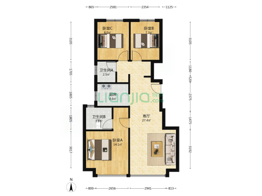 有本 南北向3居 户型方正 全天采光-户型图