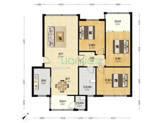 建委宿舍 3室2厅2卫 134平方
