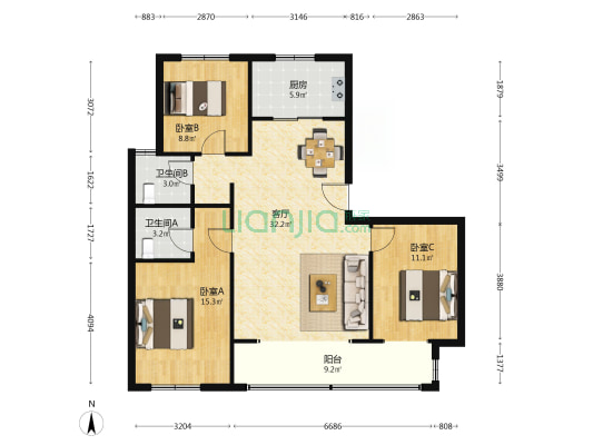 东京北华府二号院 3室1厅2卫 130平方