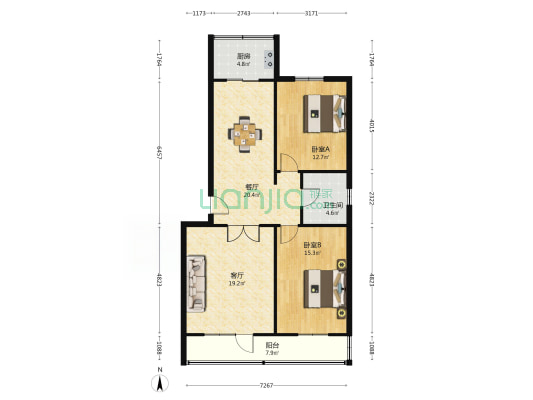 白云小区 2室2厅1卫 107平方