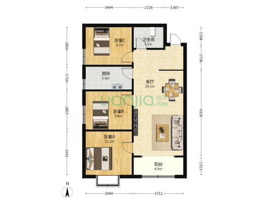 华峪南区A区 3室1厅1卫 104平方