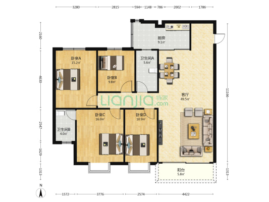 丽景园小区 4室1厅2卫 144平方