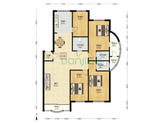 东方明珠花园 4室1厅3卫 159平方