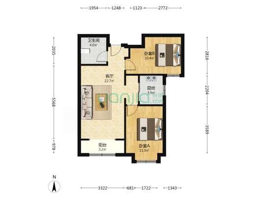 鹏渤印象城精装两居，业主空置着急出手-户型图