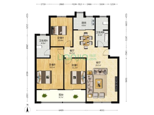 检察院住宅区 3室2厅2卫 116平方