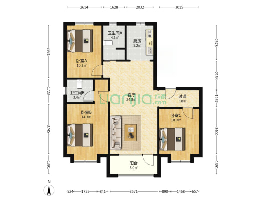 东营村 3室1厅2卫 119平方