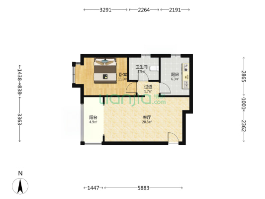 鸿坤理想湾北区 1室1厅 西北-户型图