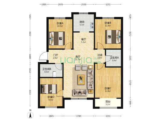 瀚兴苑 4室2厅2卫 142平方