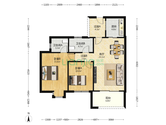 兴港花园四期 2室1厅2卫 95平方