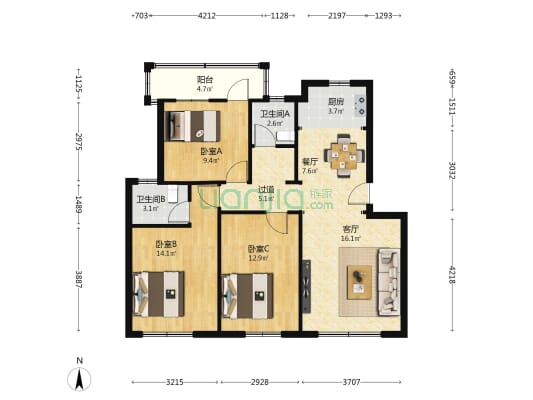 学城绿园 3室2厅2卫 92平方