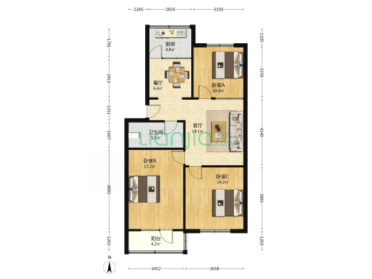 二水泥宿舍 3室2厅1卫 95平方