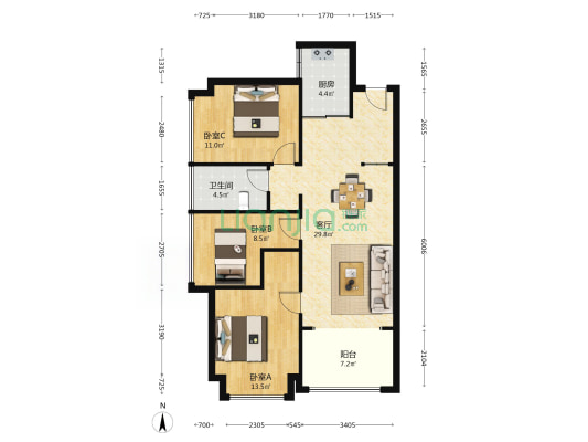 中嘉景峰苑 3室1厅1卫 96平方