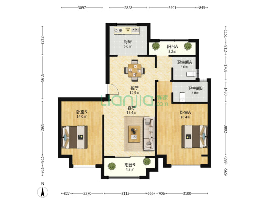 颐和家园潍坊园 2室2厅2卫 114平方
