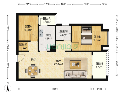 昆明恒大名都西区 2室1厅1卫 75平方