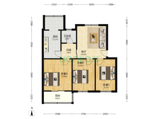 彩虹里 3室1厅1卫 90平方