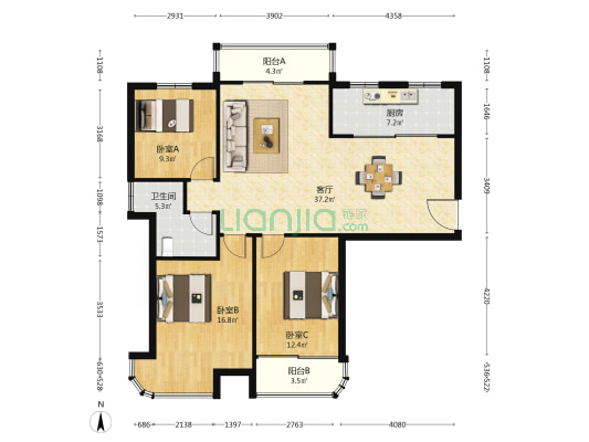 景玉兰庭 3室1厅1卫 124平方