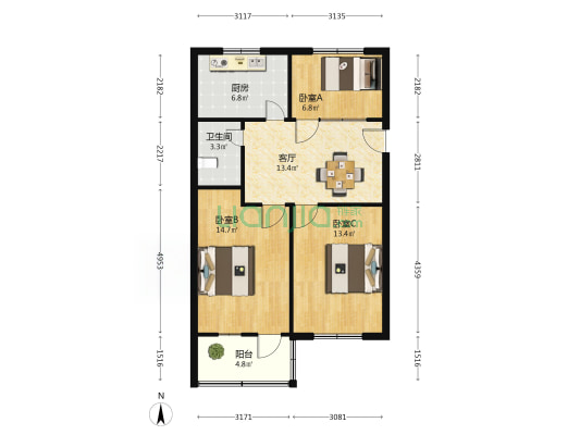 中山路26号 3室1厅1卫 77平方