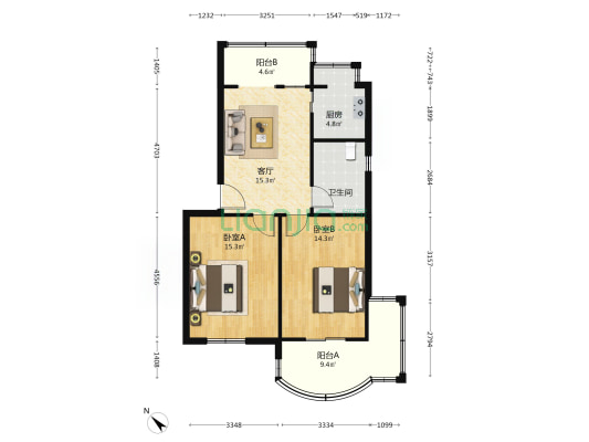 黎黄陂路2号 2室1厅1卫 80平方