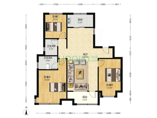 中国铁建樾府国际 3室2厅 南 北-户型图