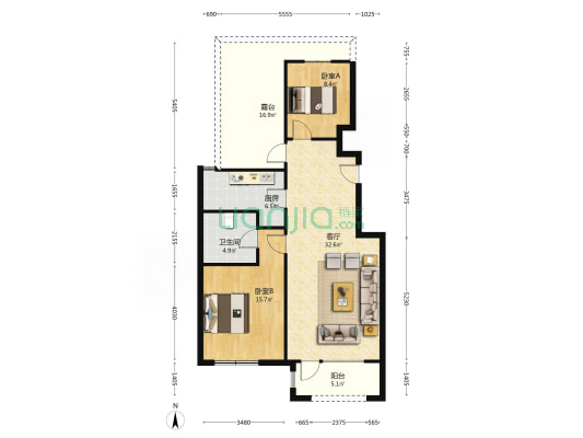 涿州城西 桃源新都孔雀城 90平通透2居带露台-户型图