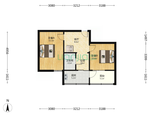 营门口路16号 2室1厅1卫 52平方