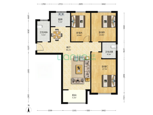 林溪花园 3室1厅2卫 134平方