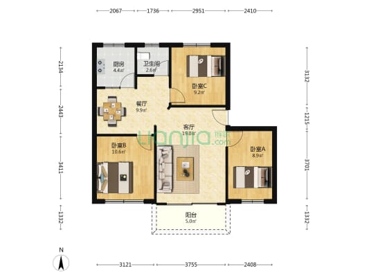 东湖医院住宅楼 3室2厅1卫 84平方
