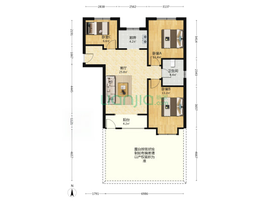 南北通透三居 毛坯 带小院 随时看房-户型图