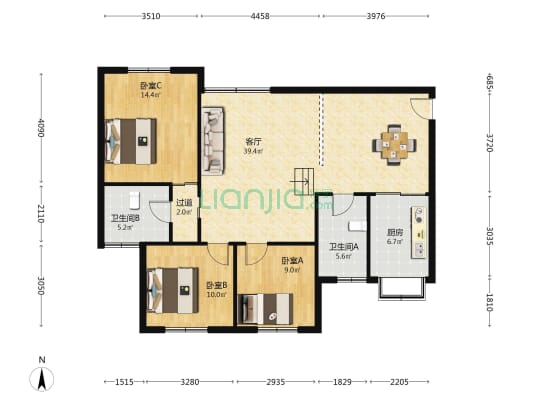 安居15号 3室1厅2卫 107平方