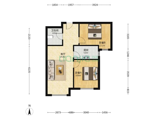 新干线经典南向两居  简单装修 全天采光-户型图