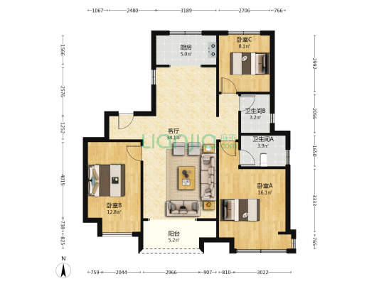 中国铁建樾府国际 3室2厅 南 北-户型图