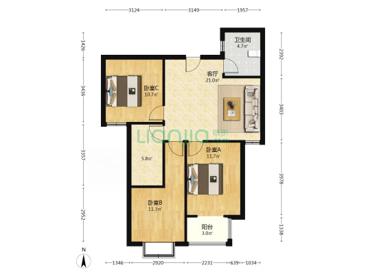 业主急用钱：联合七号院朝南三居49万，有钥匙随时看房-户型图