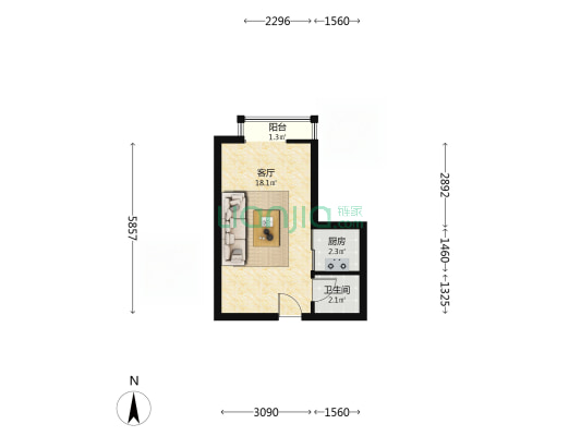 华阳路  双塔区  朝北一居可拎包入住-户型图