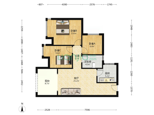 万达御湖公馆 3室1厅1卫 85平方