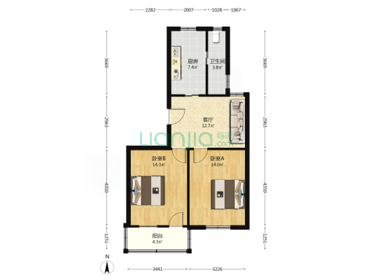 建洋路20号 2室1厅1卫 70平方