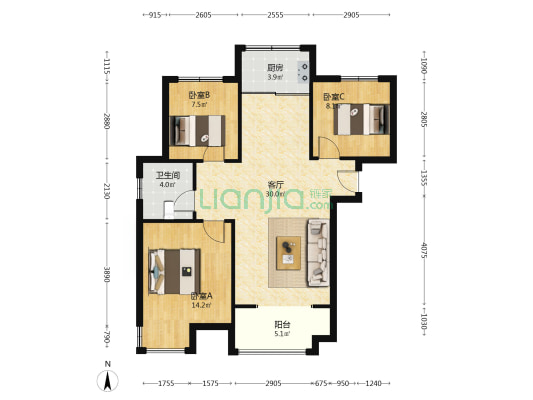 天伦湾一期样板间户型南北三居自住装修-户型图