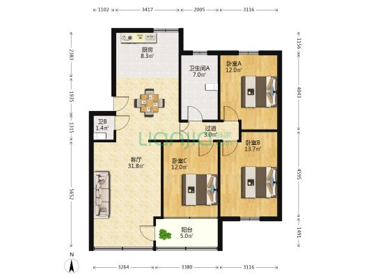 晋阳公寓 3室1厅2卫 106平方