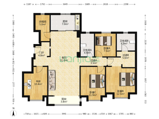 龙湖首创禧瑞郦城 4室1厅2卫 141平方