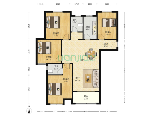 美丽馆驿 4室1厅2卫 135平方