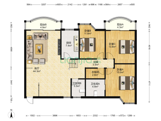 秋实小区 3室1厅2卫 136平方