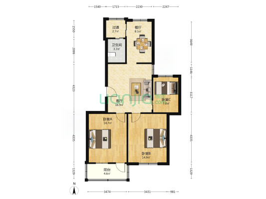 建军东路9号 3室2厅1卫 87平方