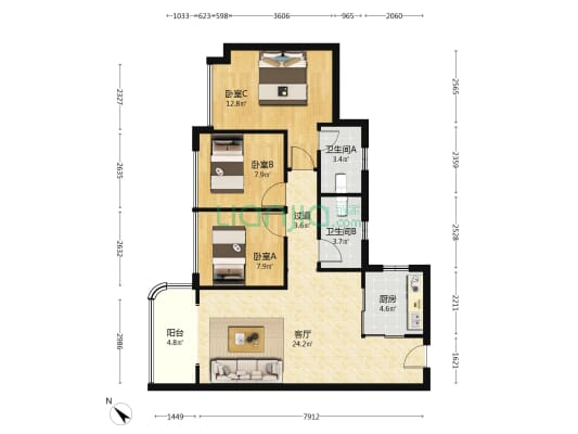 中海观澔府 3室1厅2卫 89平方